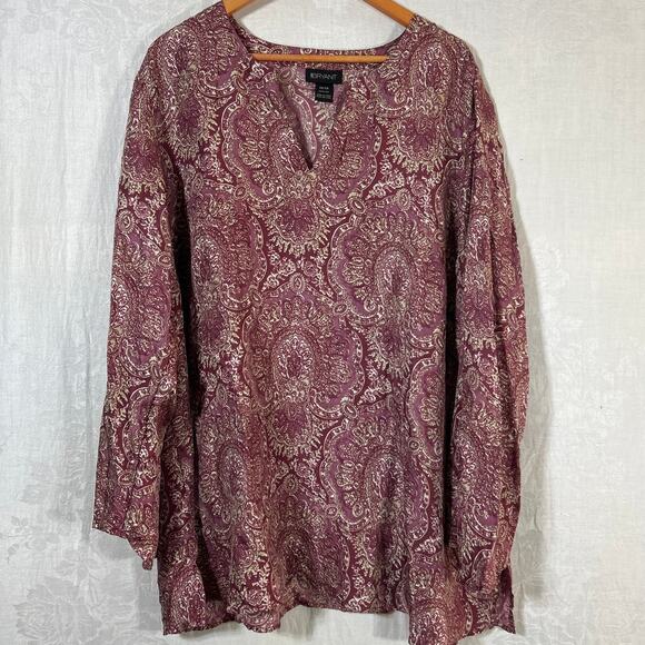 Lane Bryant Tops - Lane Bryant Blouse 26 28 Mauve Print 100% Silk V Neck Asymmetric Sleeves